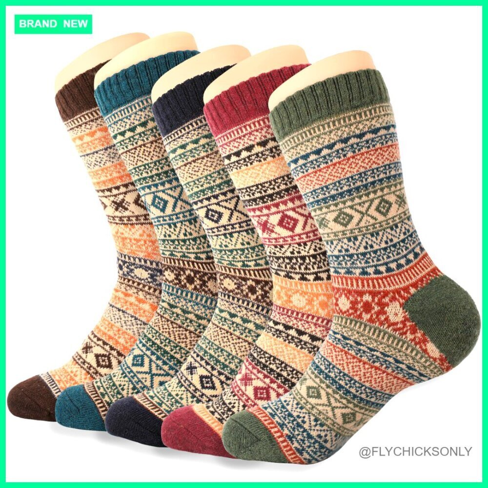 Wool Crew Socks 5 Pairs Warm Thick Knit Winter Hiking Cozy